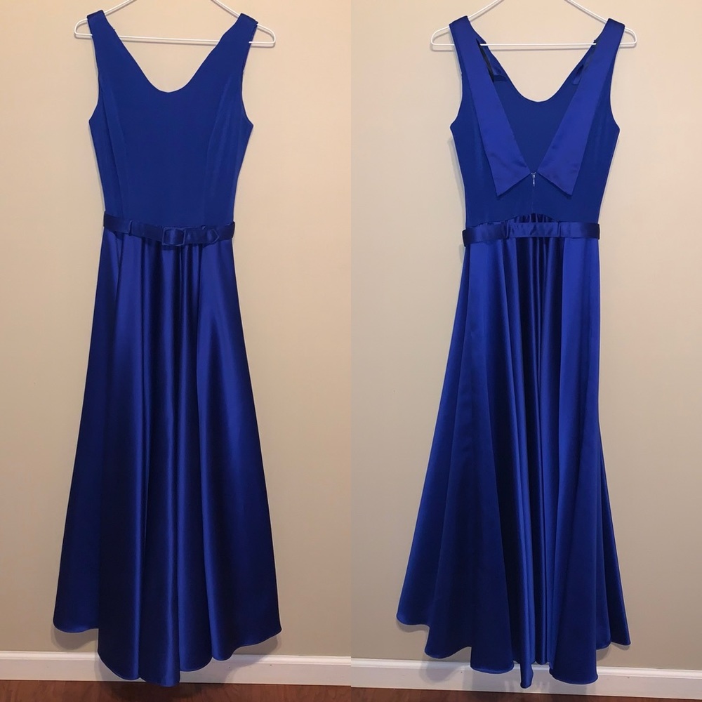 Gunne Sax Jackie O Maxi Blue Satin Sleeveless Dress Gown Vintage McClintock